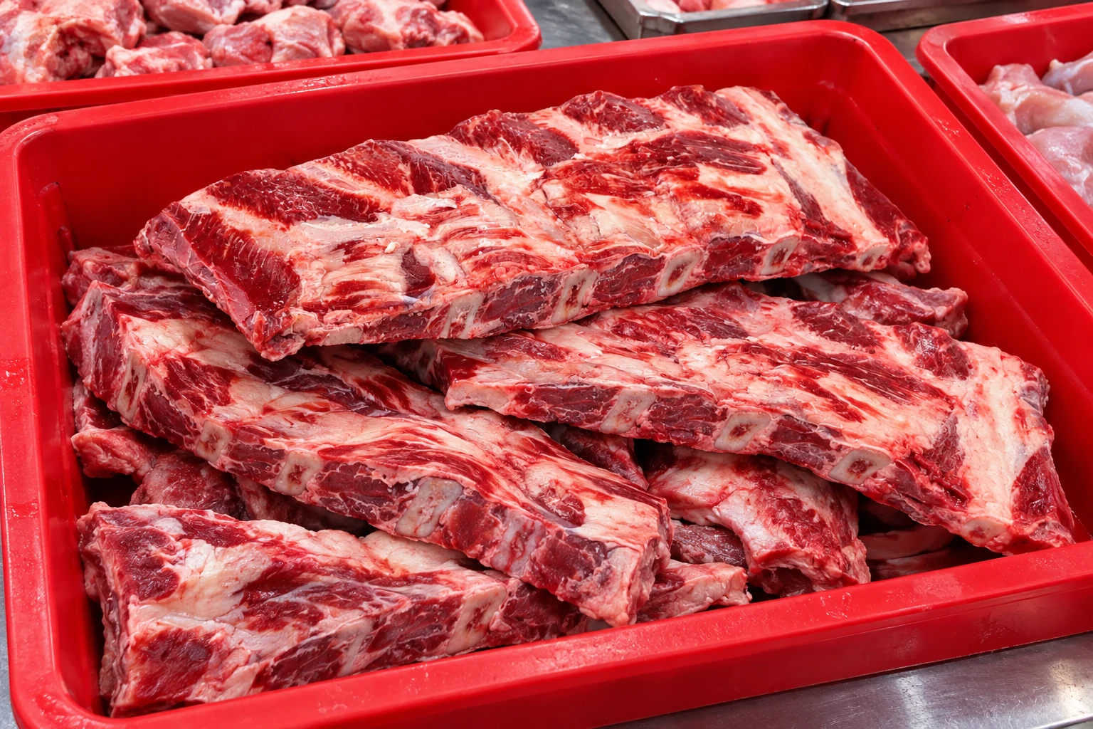Illustration of meaty beef rib sections in a red wet-market stall tray