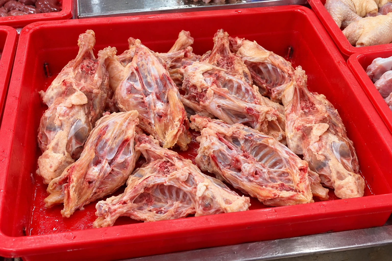 Illustration of chicken carcass frames with exposed ribs in a red wet-market stall tray