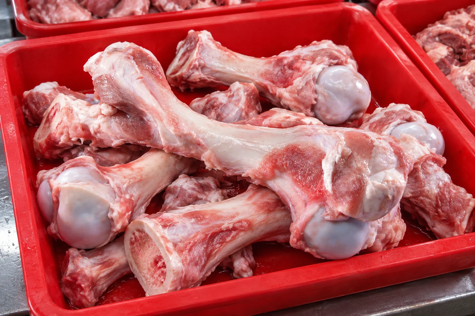 Illustration of large pork leg bones, 大骨, in a red wet-market stall tray