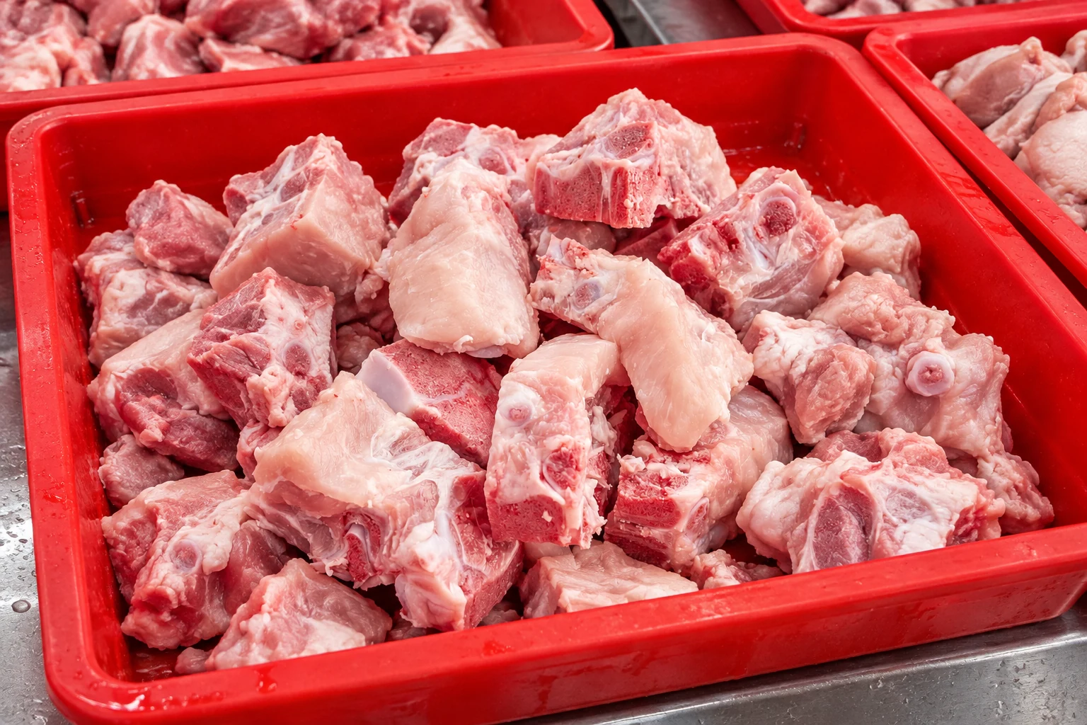Illustration of chopped pork soup bones in a red wet-market stall tray